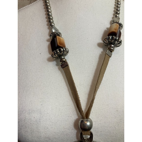 Artisan Pendant Necklace Silver Tone Beaded Chunky Artsy Brown Resin Statement - Picture 2 of 14